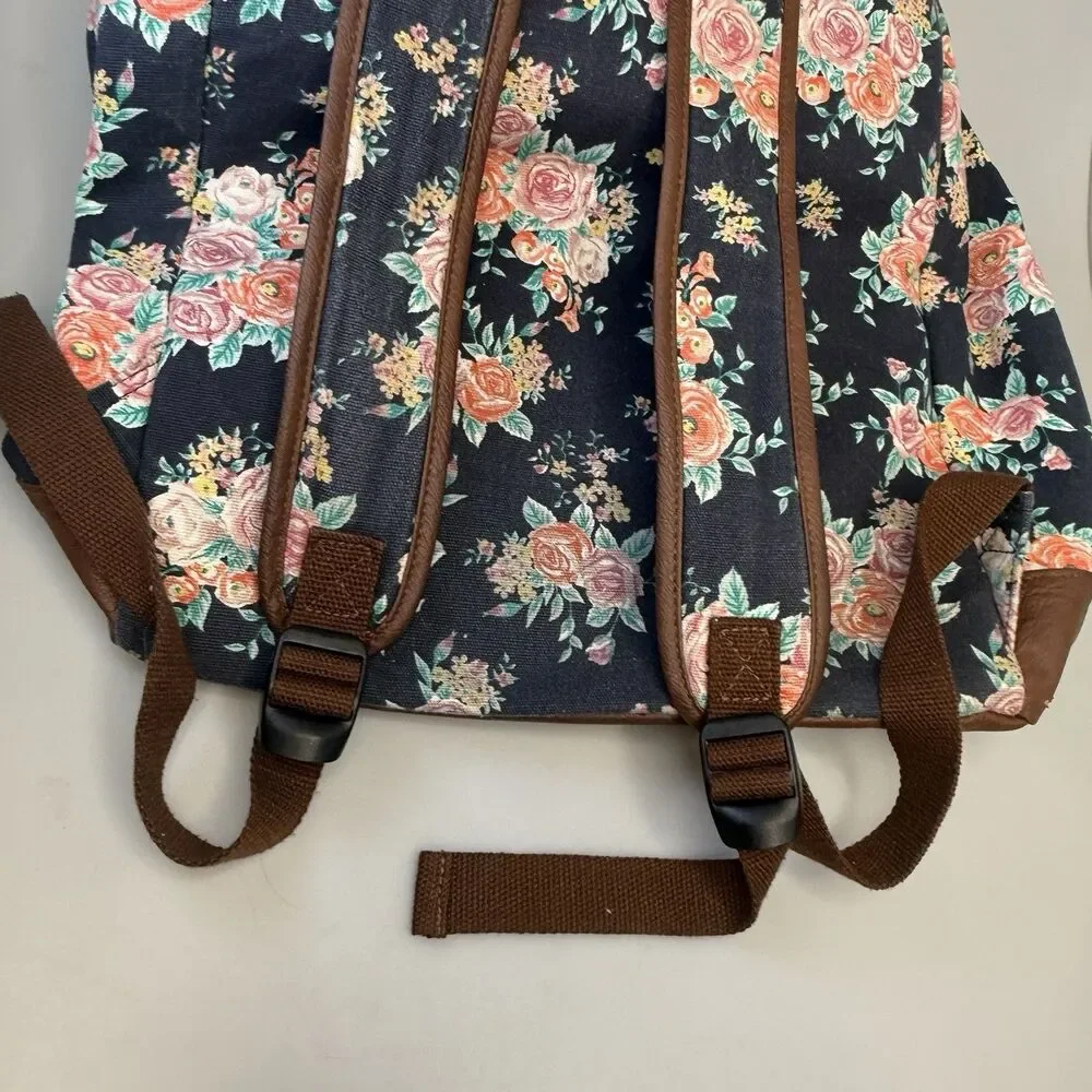 MUDD Backpack Canvas Navy Blue Floral Tassel Pulls Faux Leather EUC